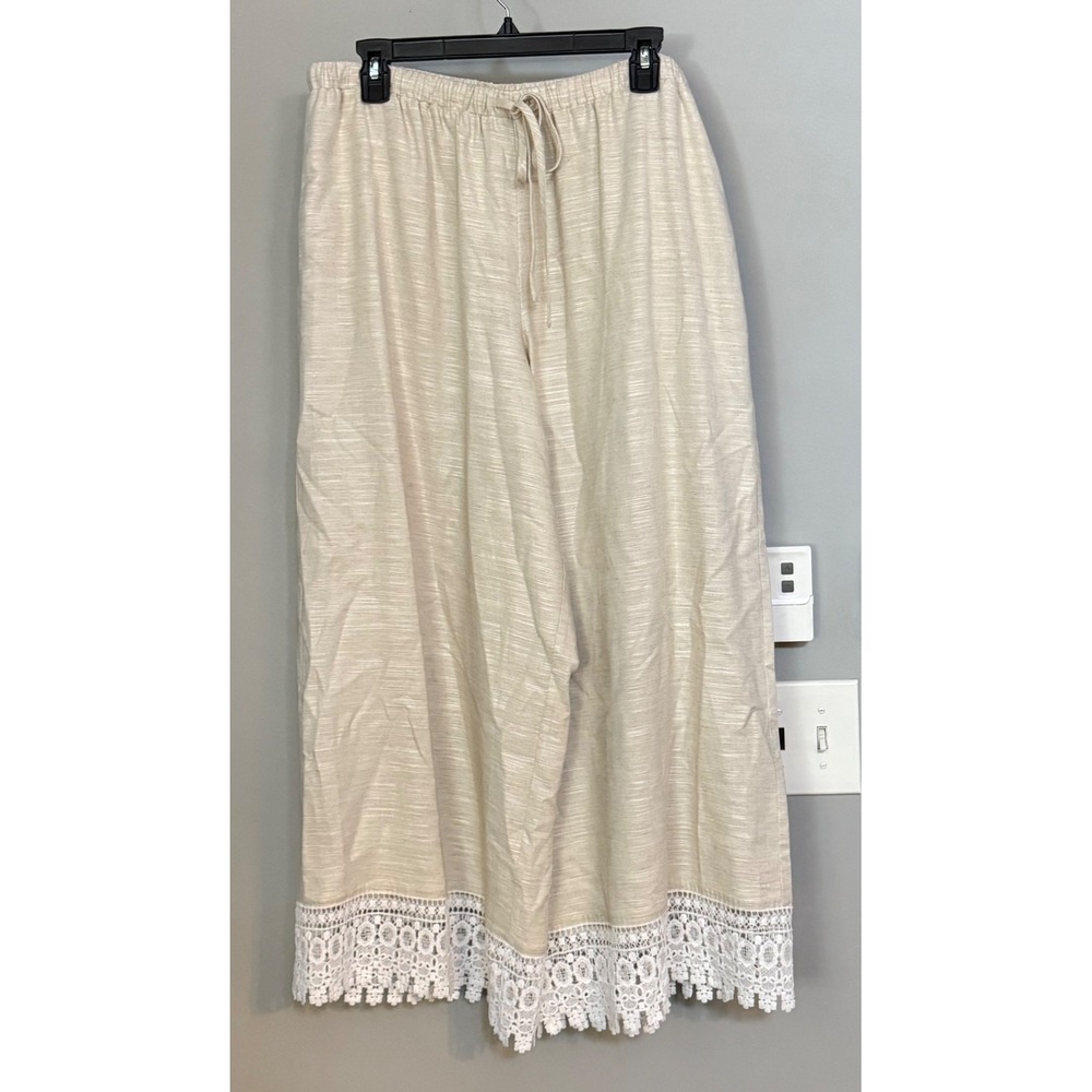 Parker Wide Leg Pants Women Large Beige Linen Blend Crochet Lace Trim Boho New